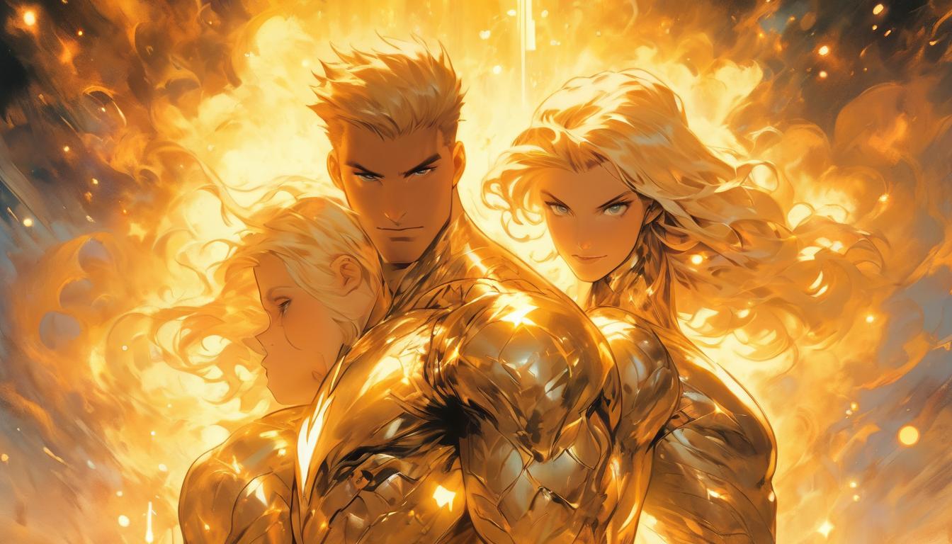  hyperrealism,fantasy aesthetic1woman1man, large busted attractive arian blonde female humanoid, handsome male humanoid, deep mutual gaze, aura of soft golden light, cosmic tendrils connecting hearts, starry background, high tech clothing clad in sleek, futuristic costume with metallic accents and form fitting designs, marvel superhero comics style, unreal engine rendering