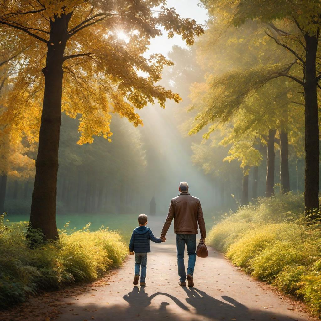  A child holding his father’s hand, walking together. The child looks happy and confident, while the father appears warm and protective. The setting is an outdoor park with trees and a clear sky. The atmosphere is full of warmth and love. hyperrealistic, full body, detailed clothing, highly detailed, cinematic lighting, stunningly beautiful, intricate, sharp focus, f/1. 8, 85mm, (centered image composition), (professionally color graded), ((bright soft diffused light)), volumetric fog, trending on instagram, trending on tumblr, HDR 4K, 8K