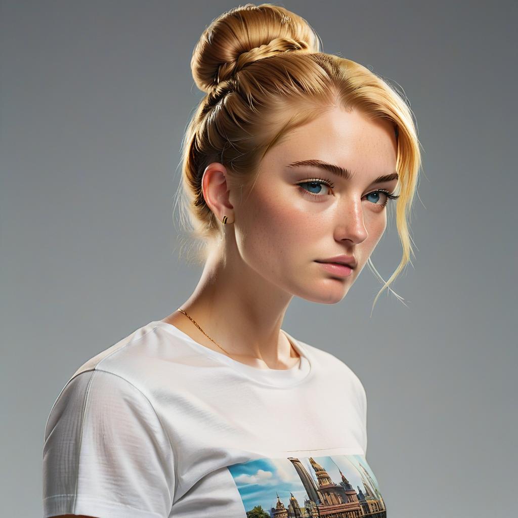  A young , a simple , a European face, freckles, a scar on her cheek, golden hair, hair gathered in a bun at the back of her head, a lock of hair hangs over her temple, she is wearing a white T shirt, FILM PHOTOGRAPHY STYLE hyperrealistic, full body, detailed clothing, highly detailed, cinematic lighting, stunningly beautiful, intricate, sharp focus, f/1. 8, 85mm, (centered image composition), (professionally color graded), ((bright soft diffused light)), volumetric fog, trending on instagram, trending on tumblr, HDR 4K, 8K