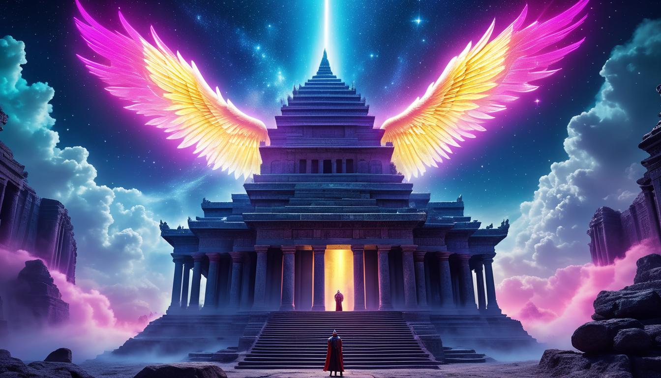  fluorescent dust, fluorescent spraypaint, fluorescent grain, fluorescent make up A figure standing amidst an ancient temple, surrounded by ascending steps leading into the skies. Each step is guarded by fierce, glowing warriors. Above, celestial beings with open wings symbolize divine protection and purpose.dust, cinematic film, best quality, high resolution, realistic, 8k, dynamic angle, serene, extremely detailed, absurdres particle effect, wonderful night dreamlike glowing masterpiece, celestial, detailed, realistic, image concept art, phenomenal mesmerise, maximalist,