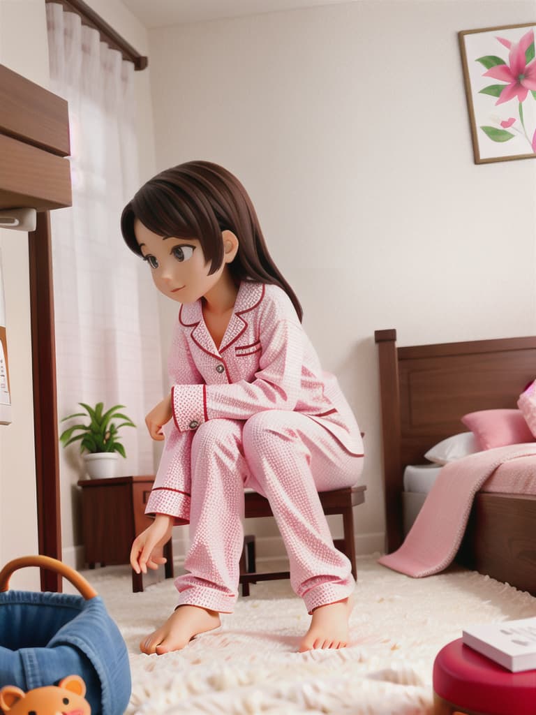  A young woman studying in her bedroom while wearing comfortable pajamas.