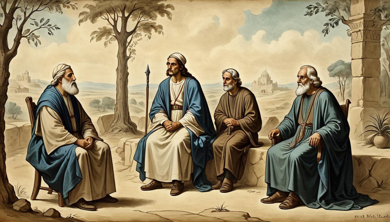  on parchment, surrealism+++, Ruth seated among elders in a respectful posture, in an ancient setting, Ruth's expression humble yet dignified, elders gazing at her with admiration, honor and respect, historical ambiance, recognition of her contributions(mysterious, provocative, symbolic,muted color)+++