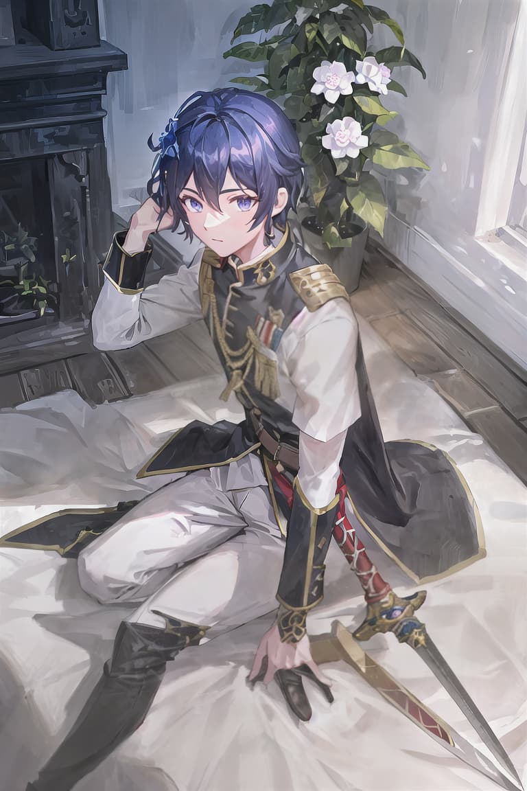  master piece , best quality,Male, light blue eyes, black hair all back, soldier, sword user, demon king, camellia flower