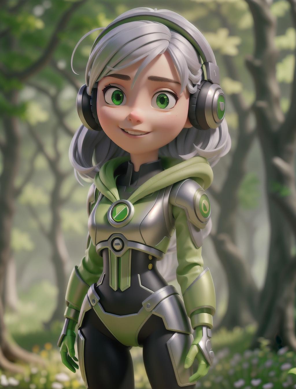  a cute cyborg girl with silver hair standing in a green forest, Dynamic Background, Vibrant Color, wearing a headset, enjoying music hyperrealistic, full body, detailed clothing, highly detailed, cinematic lighting, stunningly beautiful, intricate, sharp focus, f/1. 8, 85mm, (centered image composition), (professionally color graded), ((bright soft diffused light)), volumetric fog, trending on instagram, trending on tumblr, HDR 4K, 8K