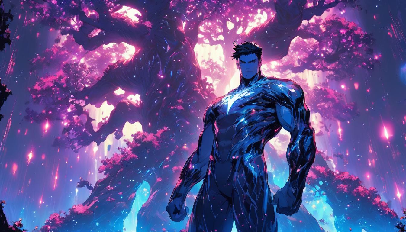  hyperrealism,fantasy aesthetic1man, handsome brunet male humanoid, standing under a cosmic tree, glowing fruits, celestial background with stars, high tech clothing clad in sleek, futuristic costume with metallic accents and form fitting designs, marvel superhero comics style, unreal engine rendering