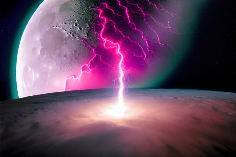  Moon with atmosphere seen from space lightning storm pink cinematic photorealistic very detailed