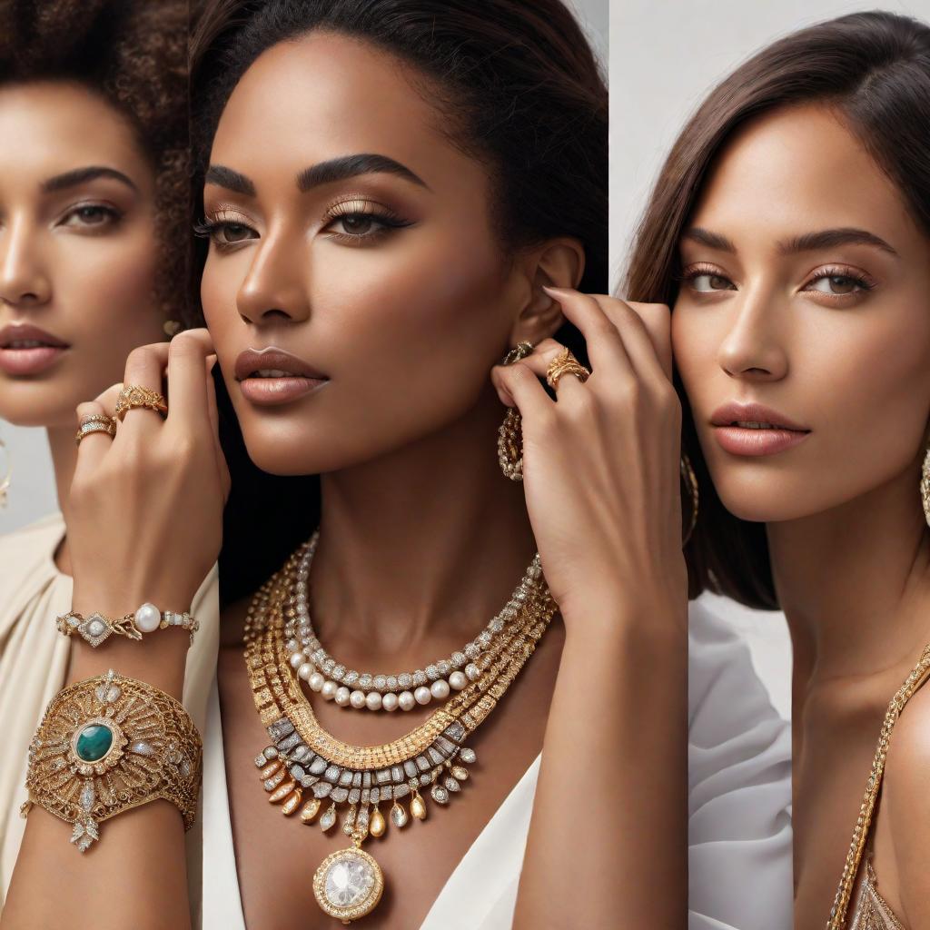  A rectangle collage image featuring diverse people of different ages, ethnicities, and genders wearing various types of jewelry. The jewelry includes necklaces, bracelets, rings, earrings, and watches. Each section of the collage highlights different styles and types of jewelry, showcasing them in fashion-forward and casual settings. The background is simple and neutral to ensure the focus remains on the people and their jewelry. hyperrealistic, full body, detailed clothing, highly detailed, cinematic lighting, stunningly beautiful, intricate, sharp focus, f/1. 8, 85mm, (centered image composition), (professionally color graded), ((bright soft diffused light)), volumetric fog, trending on instagram, trending on tumblr, HDR 4K, 8K