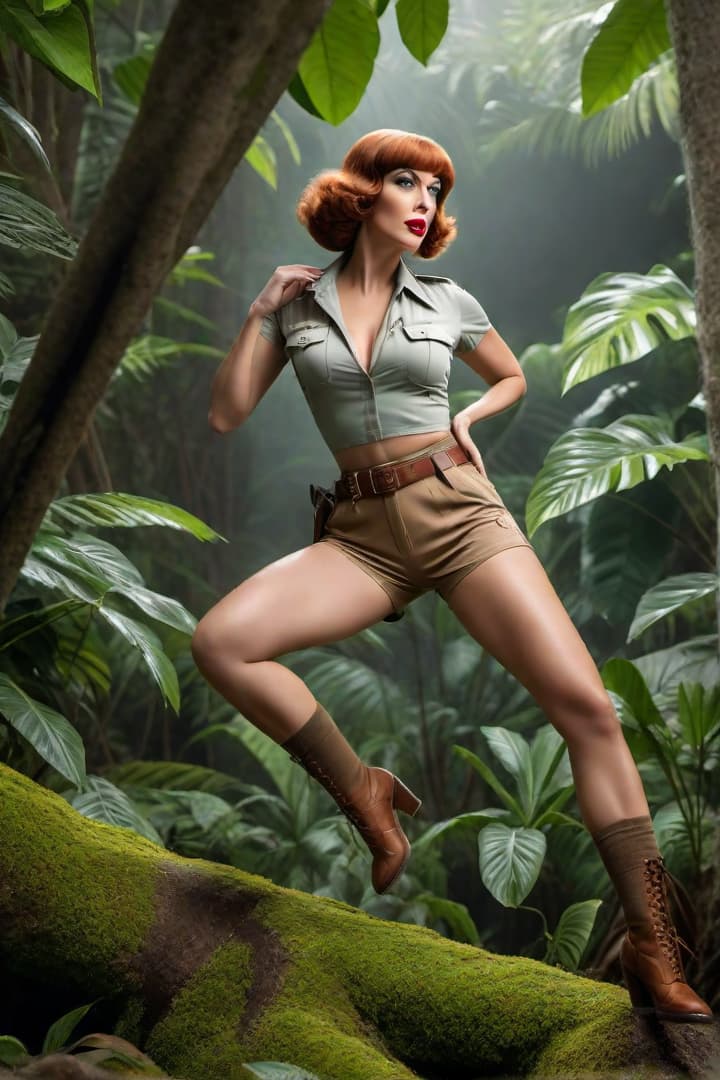  Show a scared and screaming 1930’s era female jungle explorer ,Velma ,wearing khaki shorts and khaki shirt with khaki knee socks,captured by a giant spider hyperrealistic, full body, detailed clothing, highly detailed, cinematic lighting, stunningly beautiful, intricate, sharp focus, f/1. 8, 85mm, (centered image composition), (professionally color graded), ((bright soft diffused light)), volumetric fog, trending on instagram, trending on tumblr, HDR 4K, 8K