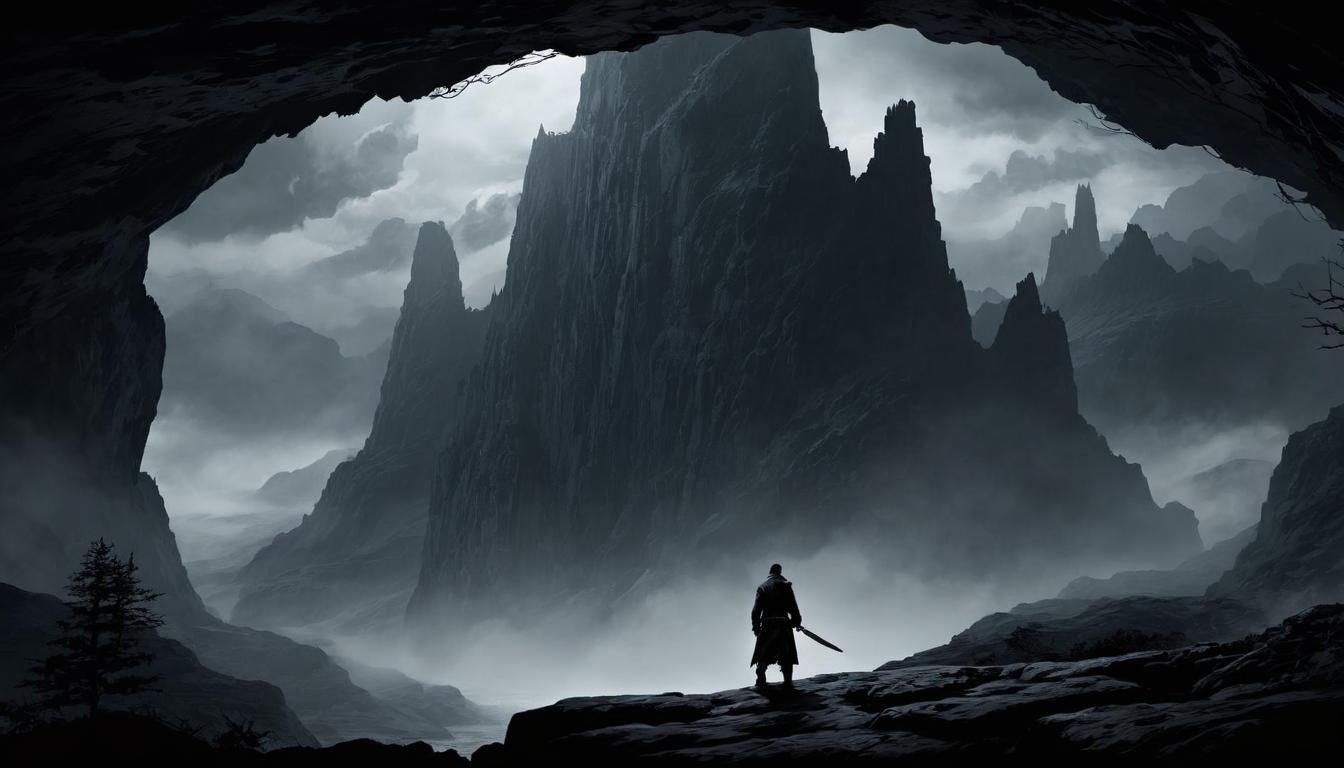  digital illustration, shadowy figure, 1man, framed by tall, dark, jagged cliffs, heavy clouds, looming tension, isolated setting, eerie atmosphere, fear, paralyzing grip, looking at viewer, dynamic pose, (intricate details, masterpiece, best quality)