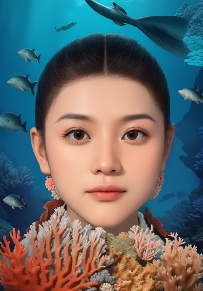  masterpiece, best quality, beautiful deep sea full of corals, diverse marine life and fascinating underwater landscapes with corals, appendages, small fish, anemones, dolphins, various algae, caves, colorful, 8k resolution and intricate detail