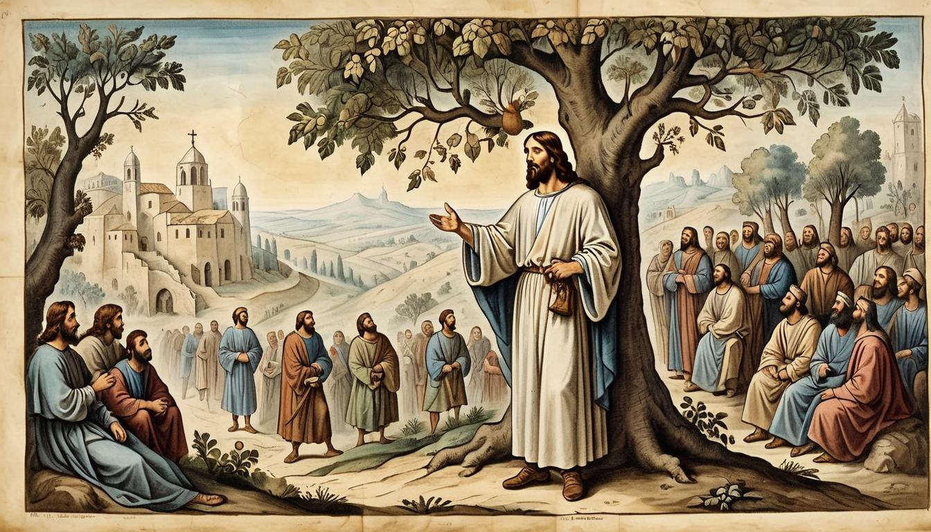  on parchment, surrealism+++, Jesus in historical attire, looking up, calling out, Zacchaeus in a tree, sense of surprise, divine recognition, anticipation(mysterious, provocative, symbolic,muted color)+++