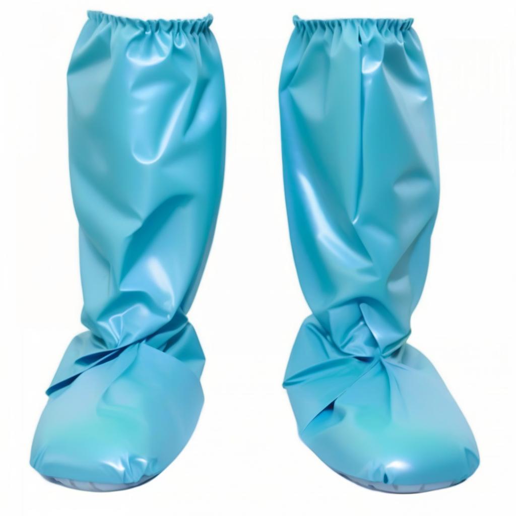  High Surgical Shoe Covers: {Shoe covers are secured around the ankle with tape ties and an elastic cuff under the knee}. (the lower part of shoe cover: 1.1) covers the entire foot (from sole to ankle: 1.1) (covered with glossy dark blue latex: 1.1) and (the upper part of shoe cover: 1.1) fits snugly to the calf (ankle to knee: 1.1 ) (coated with glossy dark green latex: 1.1). hyperrealistic, full body, detailed clothing, highly detailed, cinematic lighting, stunningly beautiful, intricate, sharp focus, f/1. 8, 85mm, (centered image composition), (professionally color graded), ((bright soft diffused light)), volumetric fog, trending on instagram, trending on tumblr, HDR 4K, 8K