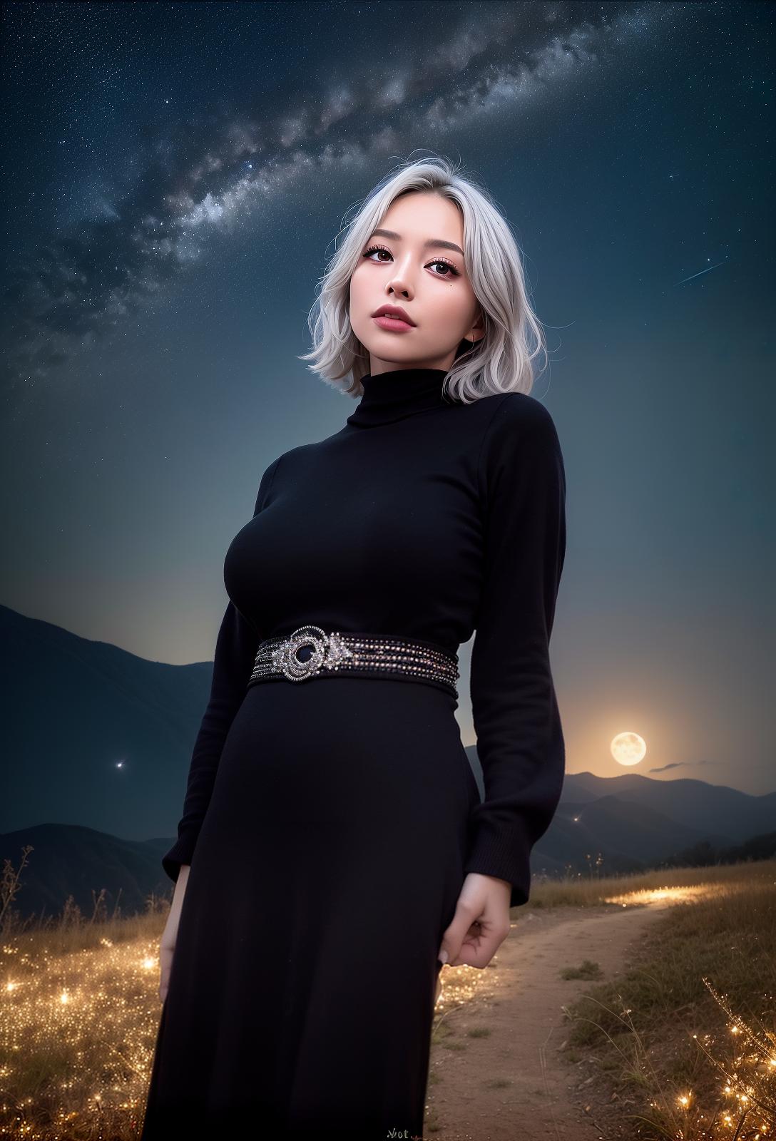  High quality, 4K, high resolution, realistic, night sky, beautiful women, full time smiles, big eyes, plump breasts, constricted waist, outstanding style, narrow ankles, wide landscape photos, short hair, light silver color Hair, (seen from below, the sky is above, and the open field is below), a beautiful woman standing up in the flower garden, (full moon: 1.2), (meteor: 0.9), (star cloud: 1.3) , Northern mountains, trees destroy art, (warm light: 1.2), (fireflies: 1.2), light, purple and orange, complex details, volumetric lighting break (masterpiece: 1.2), (maximum quality) , 4K, super detail, (dynamic configuration: 1.4), rich colors, (rainbow color: 1.2), (shine, lighting with atmosphere), dreamy, light silver hair, stars, many stars,