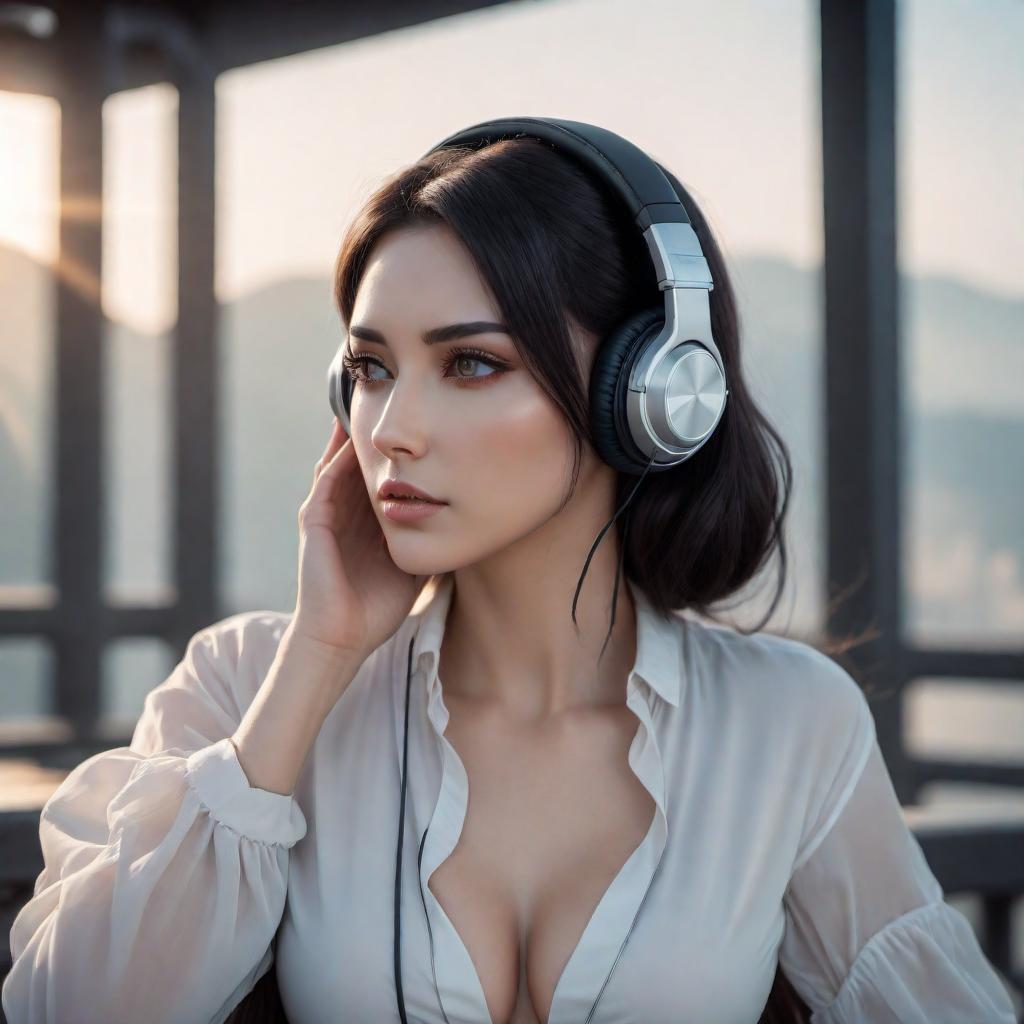  Anime-style girl with dark hair, wearing headphones, looking sad. The image should look like a hand-drawn sketch, capturing the delicacy and emotion of the scene. hyperrealistic, full body, detailed clothing, highly detailed, cinematic lighting, stunningly beautiful, intricate, sharp focus, f/1. 8, 85mm, (centered image composition), (professionally color graded), ((bright soft diffused light)), volumetric fog, trending on instagram, trending on tumblr, HDR 4K, 8K