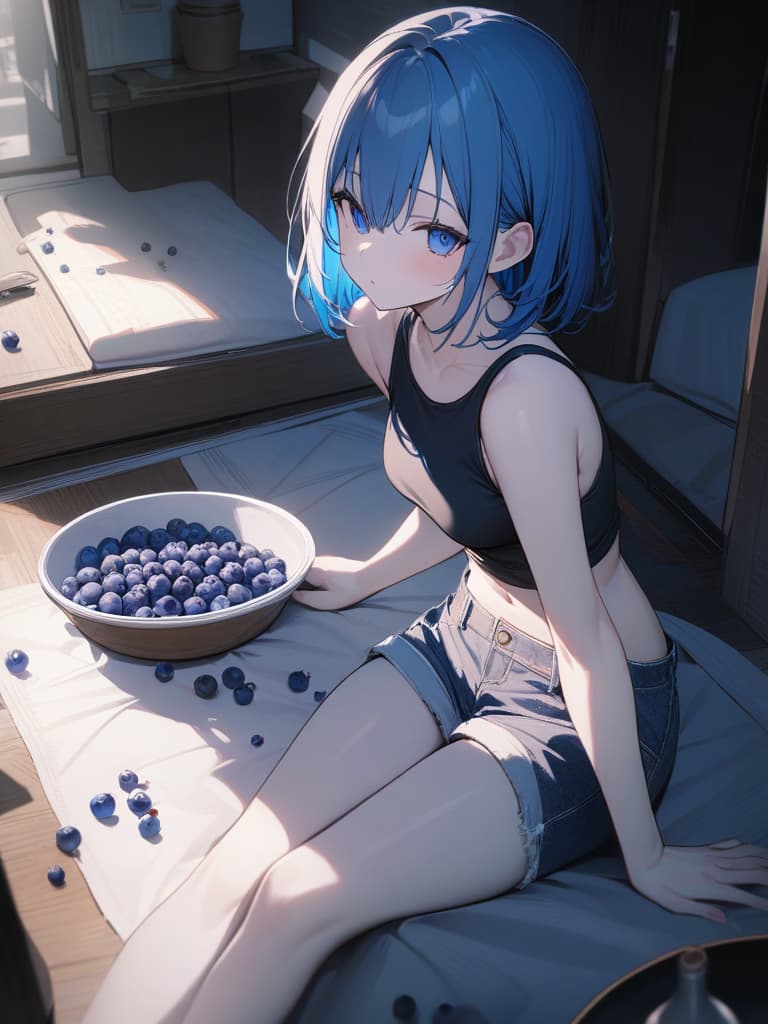  Cute, , blue hair, blue eyes, short bob, thin body, white skin, sauce, black tank top, , shorts, room, blueberry decoration, masterpiece, best quality,8k,ultra detailed,high resolution,an extremely delicate and beautiful,hyper detail