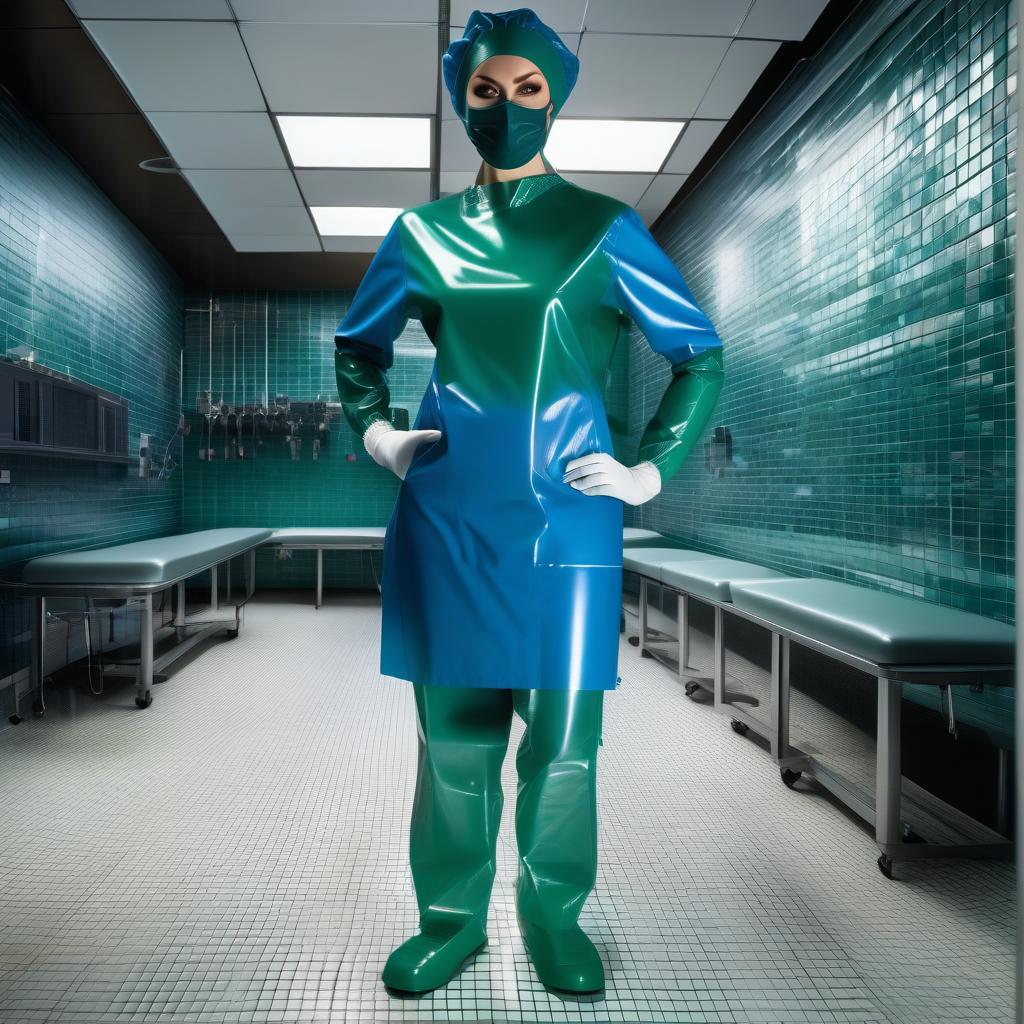  "(hyper detailed), (single woman surgeon standing) in (glossy latex: 1.2) (dark green: 1.1) and (dark blue: 1.2), (full length), (front view ), (full face), standing alone in the locker room of the waiting room in the operating room against the backdrop of a tiled wall there is no one else • posture of the Surgeon: (holds his hands in front of him), (arms extended forward:), ( slightly bent at the elbows), (elbows parallel to the body), (arms also parallel to each other), (hands at head level), (arms pointing down), (fingers slightly apart), • Detailed description: (colors and details of the surgical suit, available only in two color version: • glossy latex • dark green and dark blue, • no other colors). • Surgical suit: (glossy hyperrealistic, full body, detailed clothing, highly detailed, cinematic lighting, stunningly beautiful, intricate, sharp focus, f/1. 8, 85mm, (centered image composition), (professionally color graded), ((bright soft diffused light)), volumetric fog, trending on instagram, trending on tumblr, HDR 4K, 8K