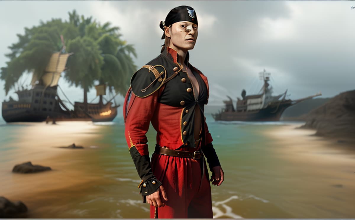  Transform the uploaded photo of a person into an image of a pirate. Add pirate themed elements such as an eye patch, a tricorn hat, a parrot on the shoulder, a pirate coat, and a background featuring a pirate ship or a treasure island. Ensure the person retains their original facial features while blending seamlessly with the pirate attire and setting. The final image should be vibrant, detailed, and convey a classic pirate look