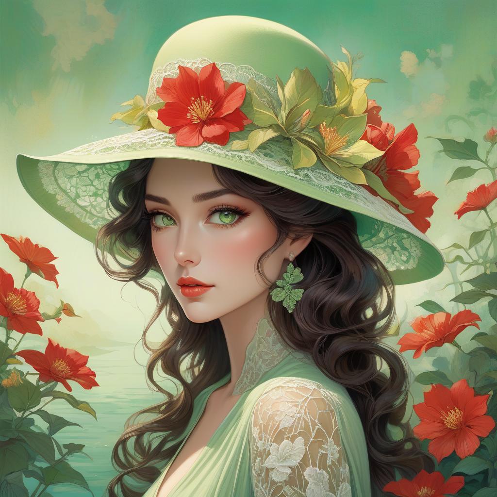  surrealist art A digital artwork of a woman with green eyes, wavy hair, wearing a broad brimmed hat adorned with a flower, set against a colorful backdrop. Art deco masterpiece by legendary artists that include vlop, Victo Ngai, Annigoni, Milo Manara, Botticelli, Catrin Welz Stein, Jean Metzinger, Gustav Klimt, image of a young woman with a fair complexion and soft facial features. She has charming almond shaped hazel eyes and full lips that add to her serene expression. Her wavy, dark brown hair falls gracefully under a wide brimmed, light green hat decorated with intricate lace patterns and a delicate red flower. The background merges with her form in a dreamy watercolor blend of green, red and hints of yellow, suggesting a mix of floral  hyperrealistic, full body, detailed clothing, highly detailed, cinematic lighting, stunningly beautiful, intricate, sharp focus, f/1. 8, 85mm, (centered image composition), (professionally color graded), ((bright soft diffused light)), volumetric fog, trending on instagram, trending on tumblr, HDR 4K, 8K