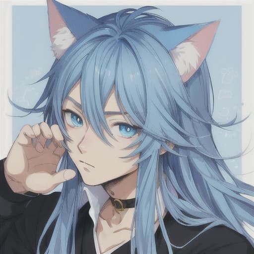  cute anime cat guy with blue eyes and long hair