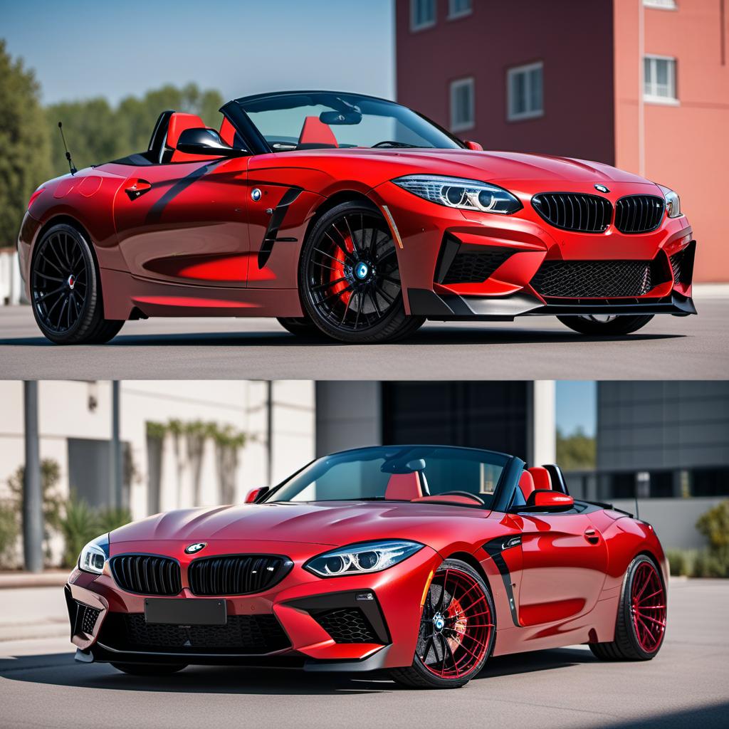  A tuned BMW e89 Z4 with lowered suspension, hardtop down, black color with a red racing stripe, and nice racing wheels. The setting should be a sunny day in an urban environment. hyperrealistic, full body, detailed clothing, highly detailed, cinematic lighting, stunningly beautiful, intricate, sharp focus, f/1. 8, 85mm, (centered image composition), (professionally color graded), ((bright soft diffused light)), volumetric fog, trending on instagram, trending on tumblr, HDR 4K, 8K