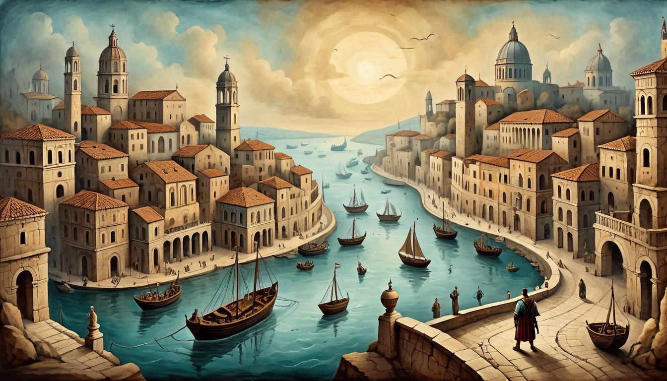  on parchment, surrealism+++, Historic scenes of ancient Roman cities, diverse settings. Man navigating streets, ships in port, dynamic, expansive journeys(mysterious, provocative, symbolic,muted color)+++