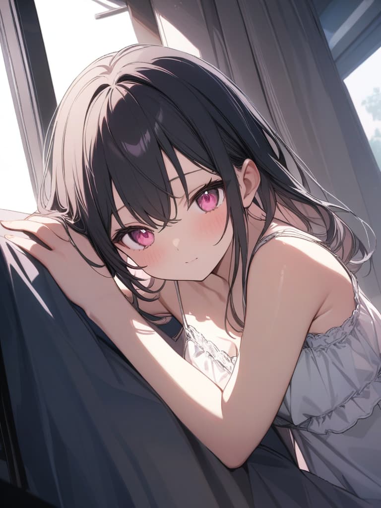  Cute, , young, big s, frills, camisole, bob, black hair, pink eyes, masterpiece, best quality,8k,ultra detailed,high resolution,an extremely delicate and beautiful,hyper detail