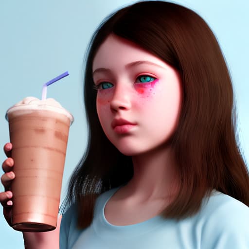 redshift style A girl with brown hair and blue eyes drinking a milkshake