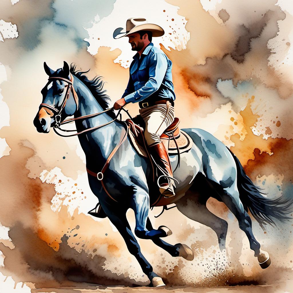  Create a watercolor painting of a man ridding a bucking horse at a rodeo. The background features soft, watercolor style splashes in earthy tones, giving the image an artistic and dreamy feel. Ensure the overall image has a delicate watercolor effect.