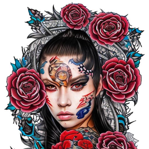 portrait+ style Check out this stunning tattoo sketch featuring a fierce brunette woman! Her Japanese, Puerto Rican, and Scandinavian roots shine through in the intricate artwork. Urban motifs like roses, peonies, and chrysanthemums blend seamlessly with symbols of skulls, money, and coy fish, creating a unique fusion of cultures. This traditional pinup style design beautifully incorporates influences from Puerto Rican and Japanese street gang culture, resulting in a mesmerizing blend of cultural symbolism and artistic expression.