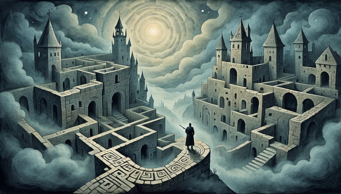  on parchment, surrealism+++, Figure trapped in a dense maze made of shadows and fog, looming walls closing in, perpetual night sky overhead, mood of entrapment, struggle(mysterious, provocative, symbolic,muted color)+++