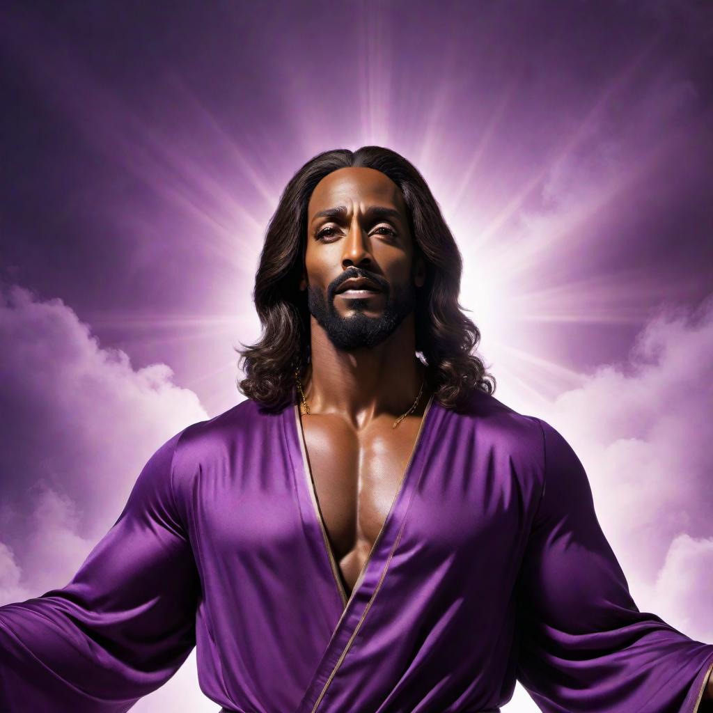  A powerful depiction of Black Jesus with a muscular physique. He is wearing a purple robe and exudes strength and compassion. His expression is joyful as he raises his hands, saying 'Hallelujah.' The background is serene with a heavenly light, highlighting the divine atmosphere of the scene. hyperrealistic, full body, detailed clothing, highly detailed, cinematic lighting, stunningly beautiful, intricate, sharp focus, f/1. 8, 85mm, (centered image composition), (professionally color graded), ((bright soft diffused light)), volumetric fog, trending on instagram, trending on tumblr, HDR 4K, 8K