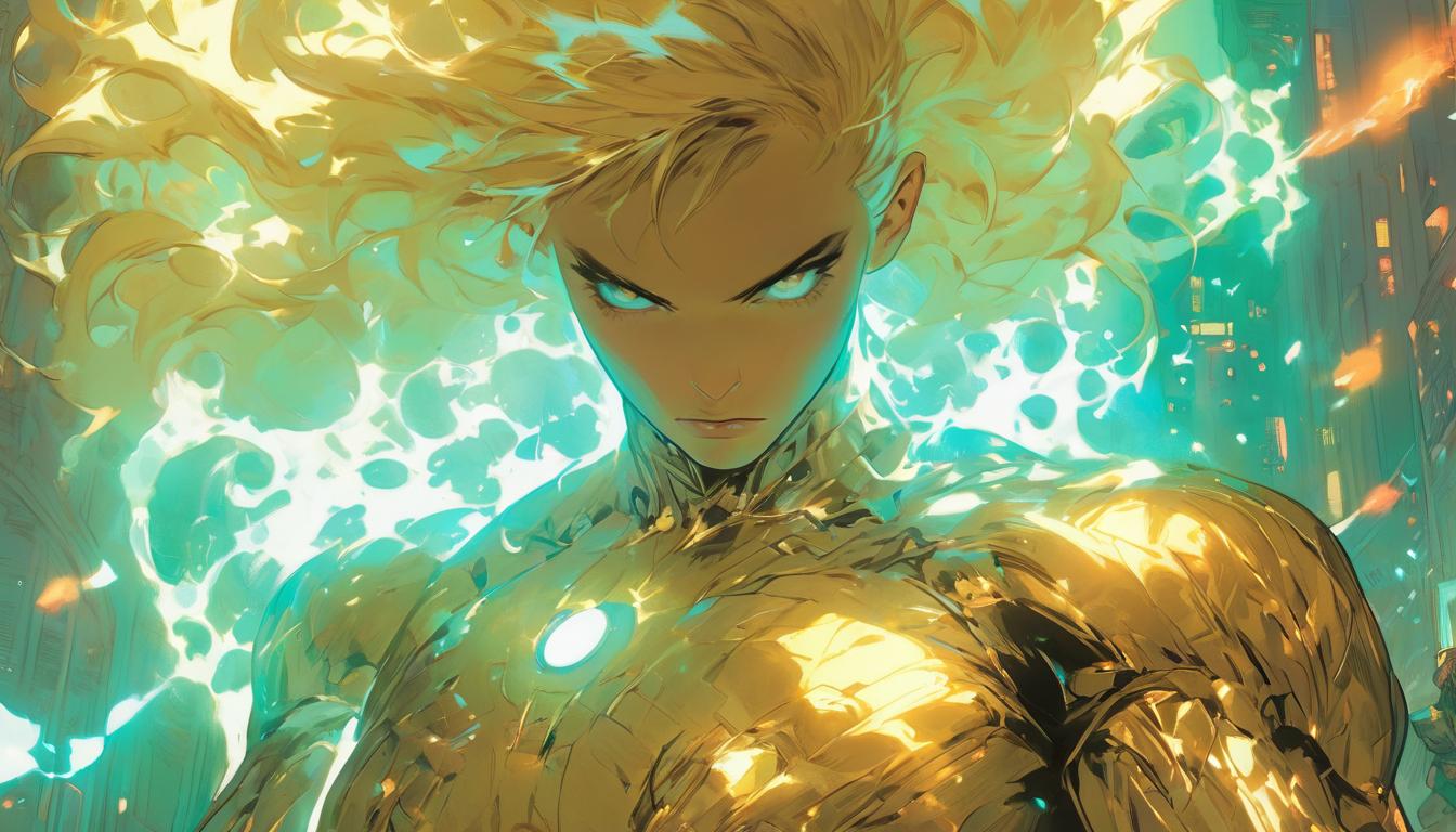  hyperrealism,fantasy aesthetic1woman, large busted attractive blonde arian female humanoid, holding a glowing golden orb, contemplative expression, cosmic backdrop, high tech clothing clad in sleek, futuristic costume with metallic accents and form fitting designs, marvel superhero comics style, unreal engine rendering