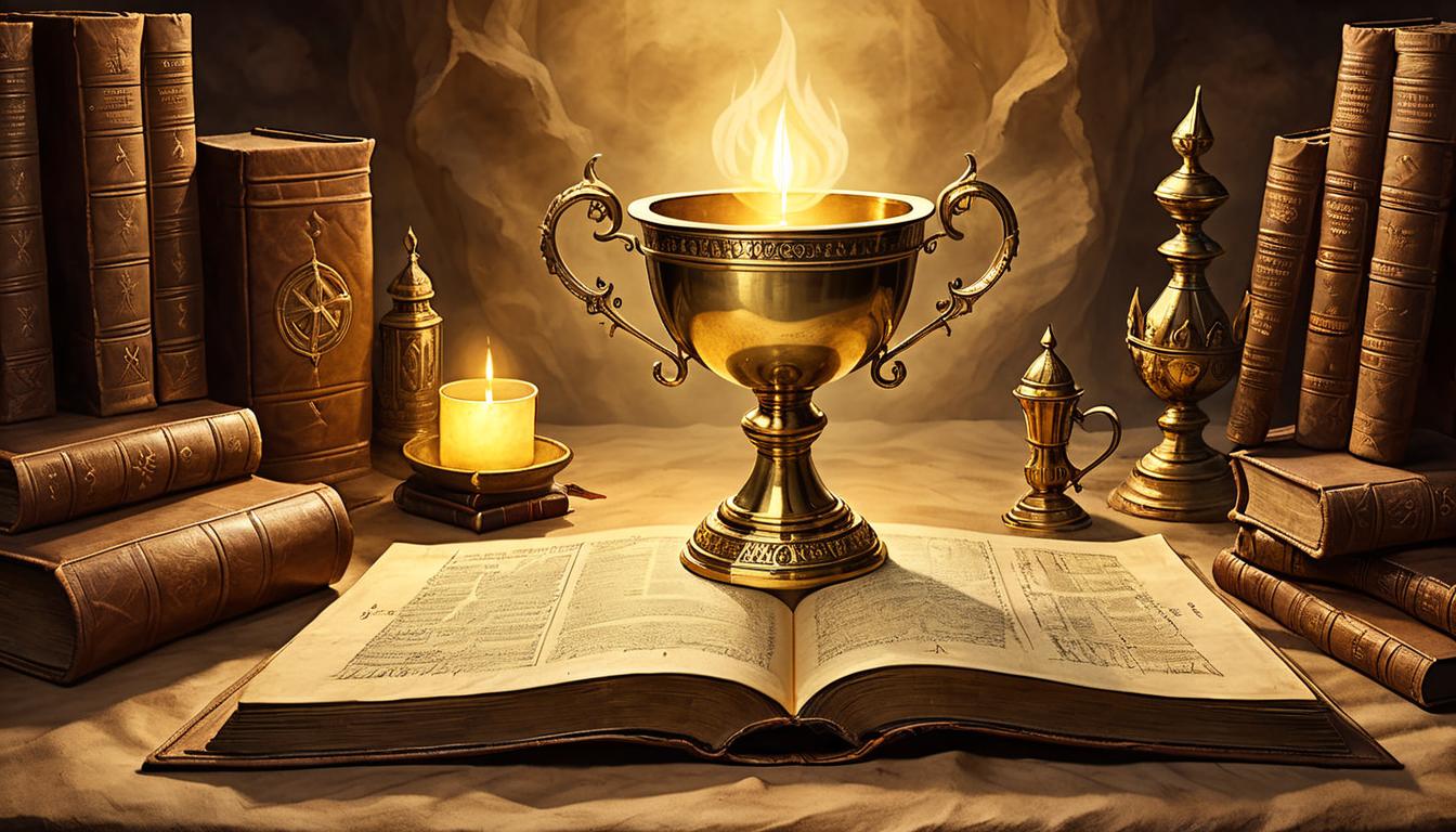  on parchment, surrealism+++, A golden chalice filled with luminous liquid, surrounded by ancient, leather bound books, mystical aura, soft glowing ambient lights, representing approach to learning(mysterious, provocative, symbolic,muted color)+++