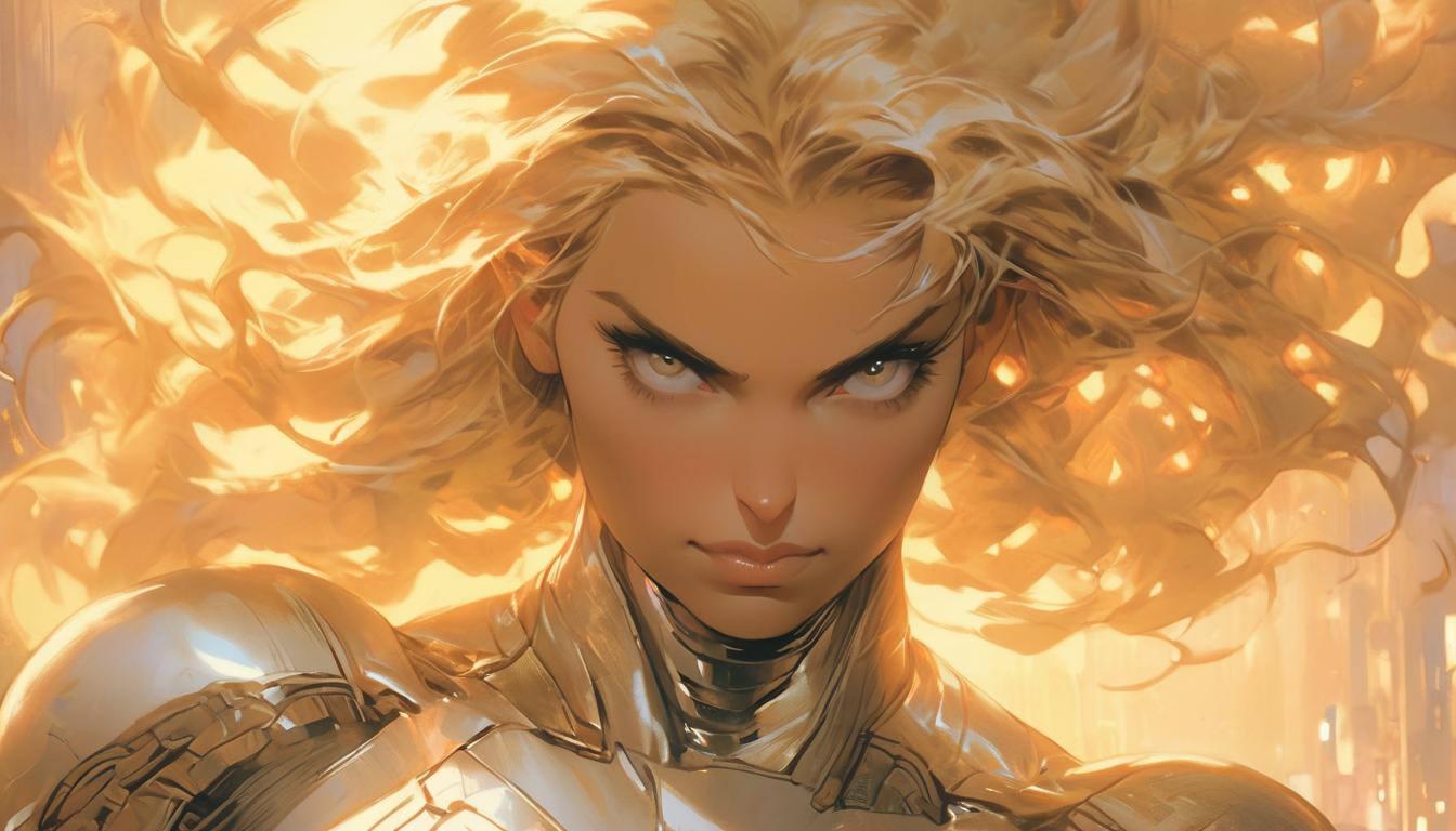  hyperrealism,fantasy aesthetic1woman, large busted attractive blonde arian female humanoid, subtle glow around her, transitional aura, gentle expression, sense of transformation, high tech clothing clad in sleek, futuristic costume with metallic accents and form fitting designs, marvel superhero comics style, unreal engine rendering