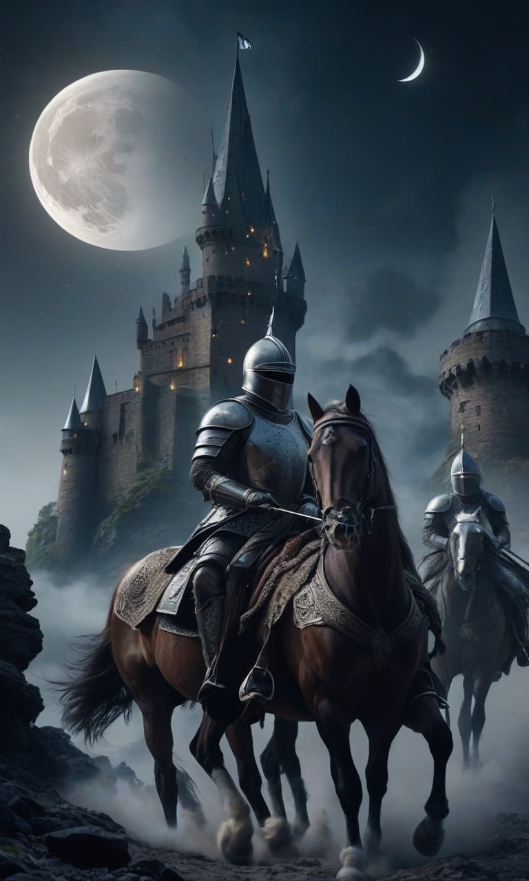  atmospheric castle fortress, squad of knights on horses, clear drawing of details, celestial rotation, moon, double exposure, layering frames, epic, stellar whirlpool, painting, high resolution, beautiful, frame aesthetics, depth of field, lots of details, dark tones, bright colors, hyperrealistic, ultra HD, fantasy art, 30mm lens, 1/250s, f/2.8, ISO 100, 4K hyperrealistic, full body, detailed clothing, highly detailed, cinematic lighting, stunningly beautiful, intricate, sharp focus, f/1. 8, 85mm, (centered image composition), (professionally color graded), ((bright soft diffused light)), volumetric fog, trending on instagram, trending on tumblr, HDR 4K, 8K