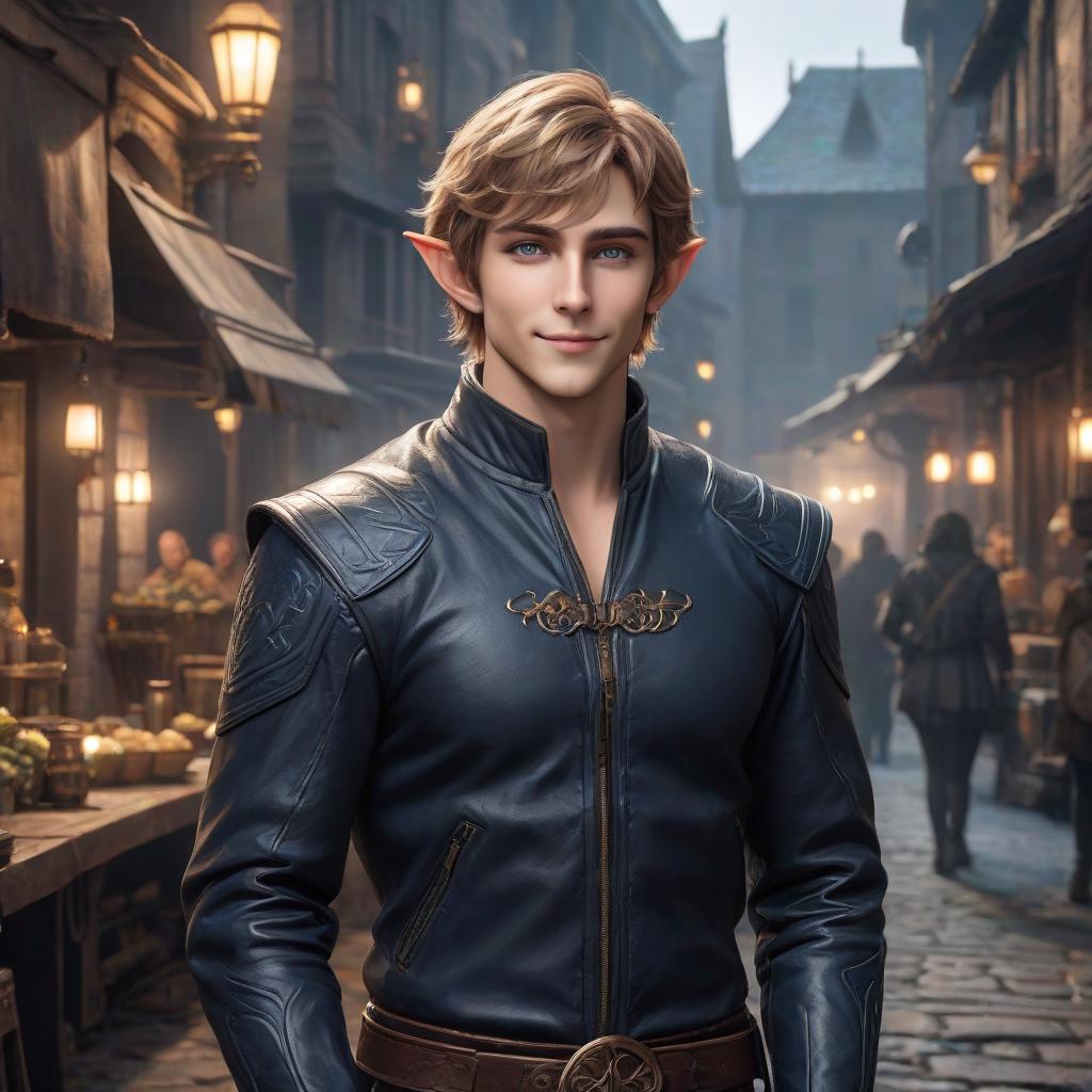  The guy is an elf with light brown hair. The hair is short, slightly curly. The eyes are a bright deep dark blue color. The face is round. He's smiling. His eyes are slyly narrowed. He is confident in himself. He's wearing a black leather jacket. He is an elf assassin hyperrealistic, full body, detailed clothing, highly detailed, cinematic lighting, stunningly beautiful, intricate, sharp focus, f/1. 8, 85mm, (centered image composition), (professionally color graded), ((bright soft diffused light)), volumetric fog, trending on instagram, trending on tumblr, HDR 4K, 8K