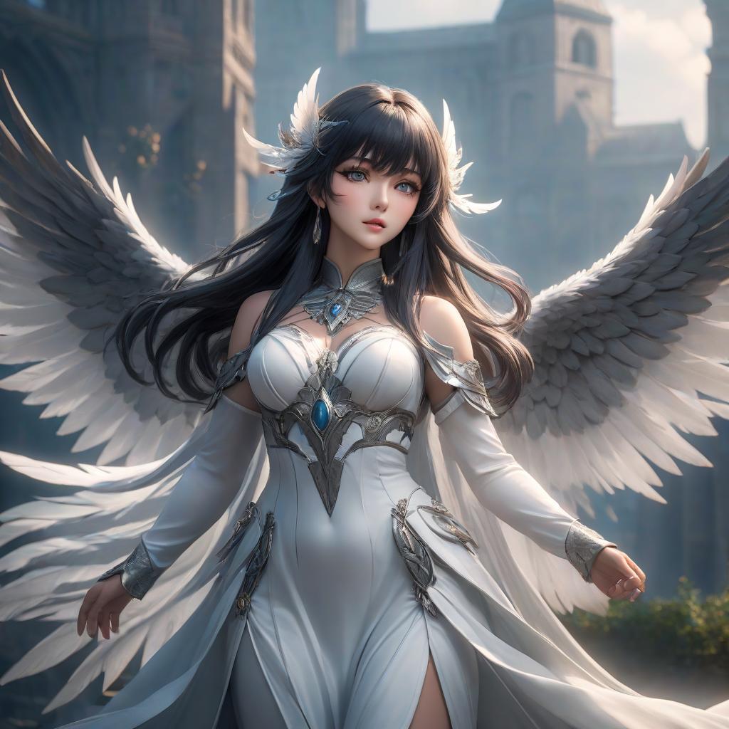  The goddess of wind and freedom. Dark long hair with bangs, white wings, gray eyes hyperrealistic, full body, detailed clothing, highly detailed, cinematic lighting, stunningly beautiful, intricate, sharp focus, f/1. 8, 85mm, (centered image composition), (professionally color graded), ((bright soft diffused light)), volumetric fog, trending on instagram, trending on tumblr, HDR 4K, 8K