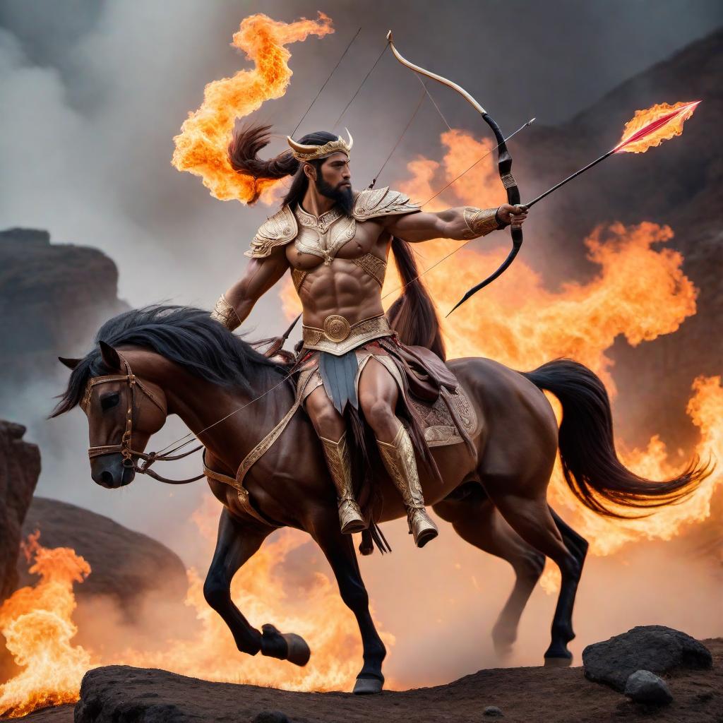  A Sagittarius Centaur on a plateau shooting flaming arrows at its enemy. hyperrealistic, full body, detailed clothing, highly detailed, cinematic lighting, stunningly beautiful, intricate, sharp focus, f/1. 8, 85mm, (centered image composition), (professionally color graded), ((bright soft diffused light)), volumetric fog, trending on instagram, trending on tumblr, HDR 4K, 8K