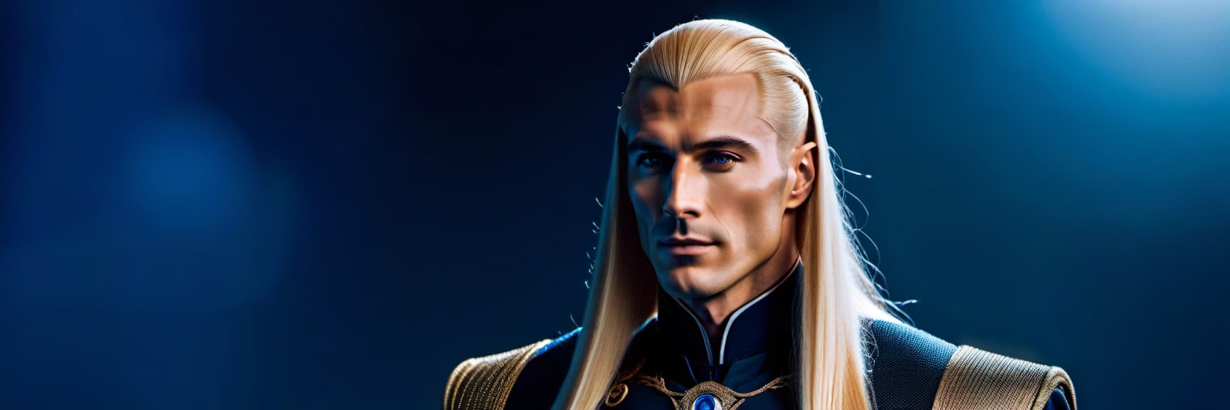  A tall, slim blond man with long straight hair and two blue strands around his cheeks. hyperrealistic, full body, detailed clothing, highly detailed, cinematic lighting, stunningly beautiful, intricate, sharp focus, f/1. 8, 85mm, (centered image composition), (professionally color graded), ((bright soft diffused light)), volumetric fog, trending on instagram, trending on tumblr, HDR 4K, 8K