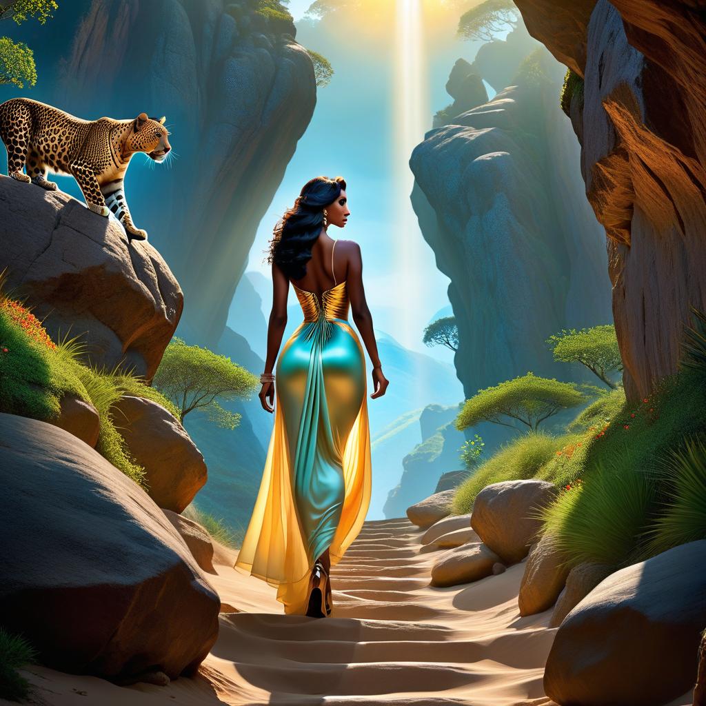  ethereal fantasy concept art of The woman was walking up a rocky slope, following a path known to her alone. She had mocha coloured skin and straight, shiny black hair to her waist. The woman walked surrounded by leopards, climbing higher and higher and heading for the tomb at the top. Her silhouette seemed to shake like a mirage above the sun hot sand. . magnificent, celestial, ethereal, painterly, epic, majestic, magical, fantasy art, cover art, dreamy hyperrealistic, full body, detailed clothing, highly detailed, cinematic lighting, stunningly beautiful, intricate, sharp focus, f/1. 8, 85mm, (centered image composition), (professionally color graded), ((bright soft diffused light)), volumetric fog, trending on instagram, trending on tumblr, HDR 4K, 8K