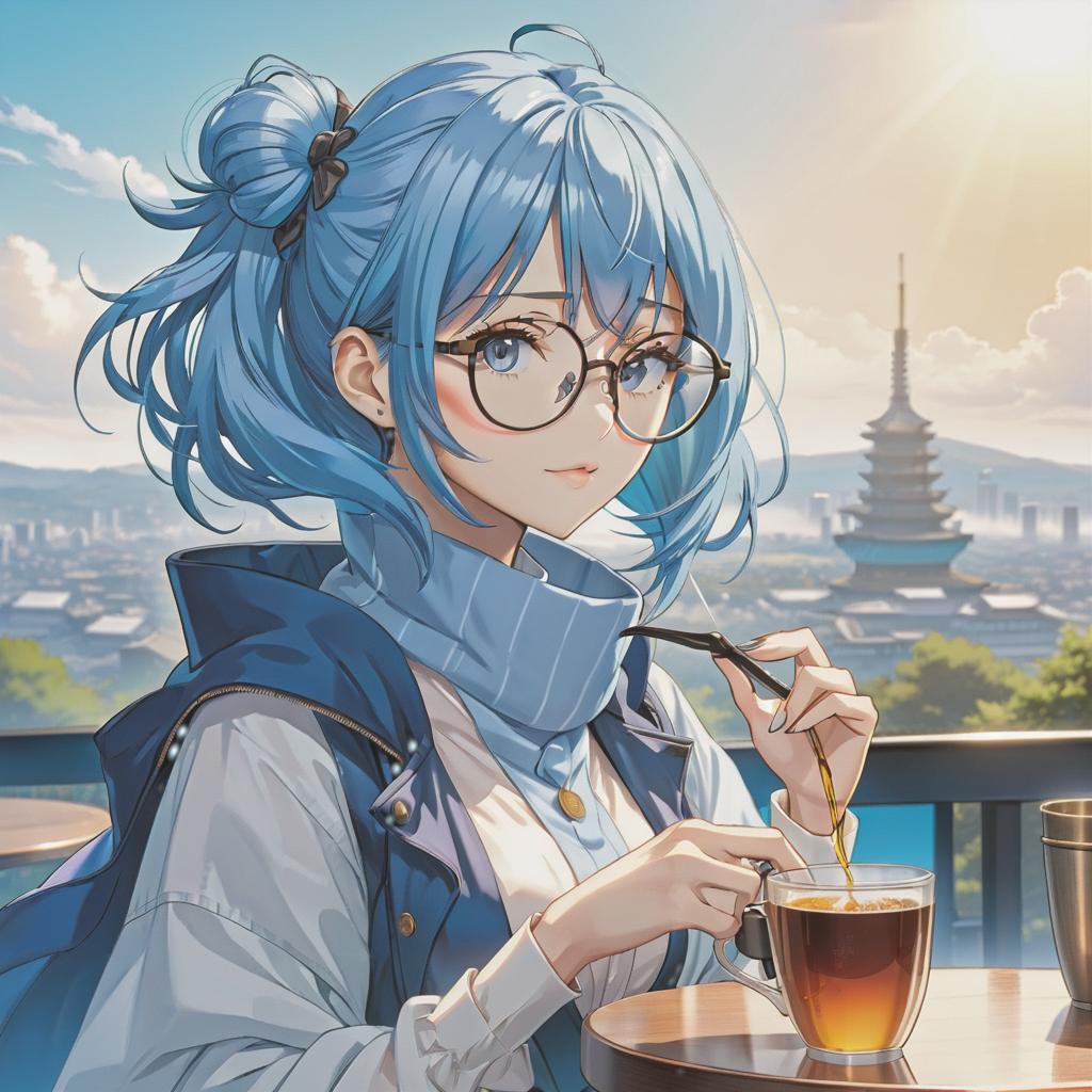  line art drawing anime girl , sketch, one cup of tea, portrait, in blue colors, with round glasses, blue hair, casual style, carre hairstyle, blue sky on background, . professional, sleek, modern, minimalist, graphic, line art, vector graphics hyperrealistic, full body, detailed clothing, highly detailed, cinematic lighting, stunningly beautiful, intricate, sharp focus, f/1. 8, 85mm, (centered image composition), (professionally color graded), ((bright soft diffused light)), volumetric fog, trending on instagram, trending on tumblr, HDR 4K, 8K