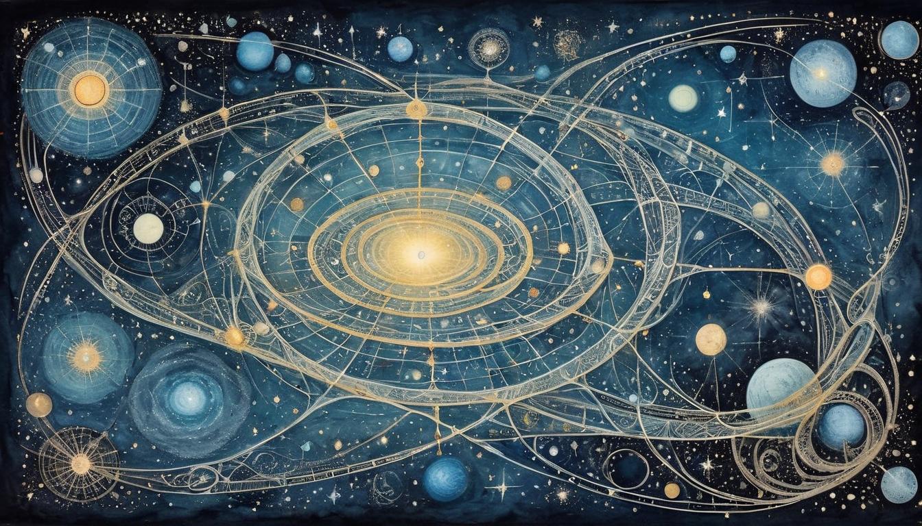  on parchment, surrealism+++, An intricate web of glowing lines connecting galaxies, interstellar, interconnected universe, cosmic harmony(mysterious, provocative, symbolic,muted color)+++