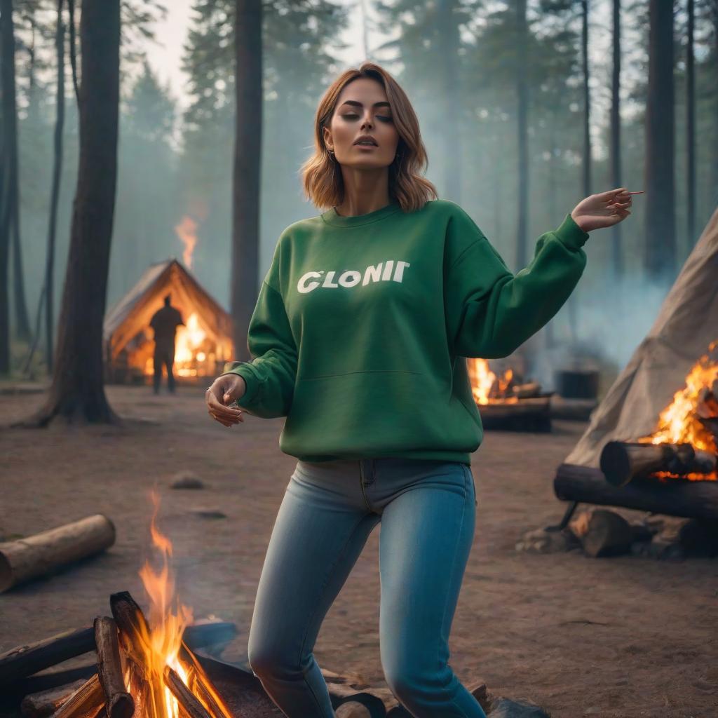  a woman dances with a tambourine by a campfire dressed in a green sweatshirt and jeans hyperrealistic, full body, detailed clothing, highly detailed, cinematic lighting, stunningly beautiful, intricate, sharp focus, f/1. 8, 85mm, (centered image composition), (professionally color graded), ((bright soft diffused light)), volumetric fog, trending on instagram, trending on tumblr, HDR 4K, 8K