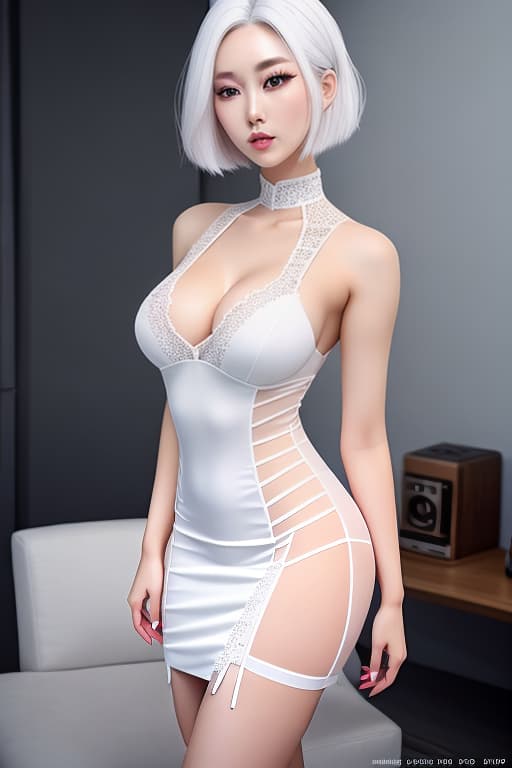  Skin very white Korean, full body painting, women in their 20s, glamour, white Bob hair, big beautiful eyes, white lace naxi see through dress, summer concept, cute face, realistic, white skin, cute eyes like a puppy, in the living room hyperrealistic, full body, detailed clothing, highly detailed, cinematic lighting, stunningly beautiful, intricate, sharp focus, f/1. 8, 85mm, (centered image composition), (professionally color graded), ((bright soft diffused light)), volumetric fog, trending on instagram, trending on tumblr, HDR 4K, 8K