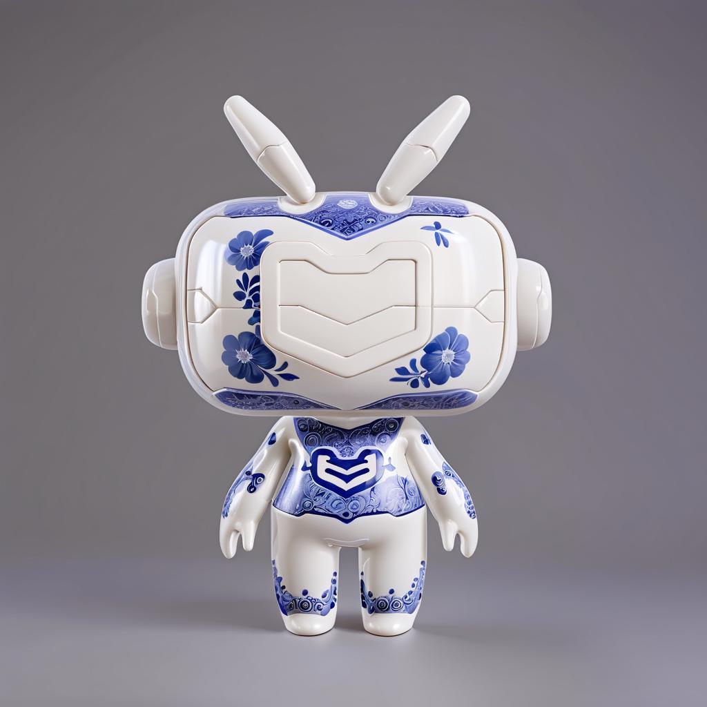  anxiaozhi, "An Xiao Zhi", cute white robot with mask fully enveloped in a continuous and dense blue and white porcelain floral design, with the elegant and intricate Chinese style motif covering every inch of its shell, , standing pose, front view,