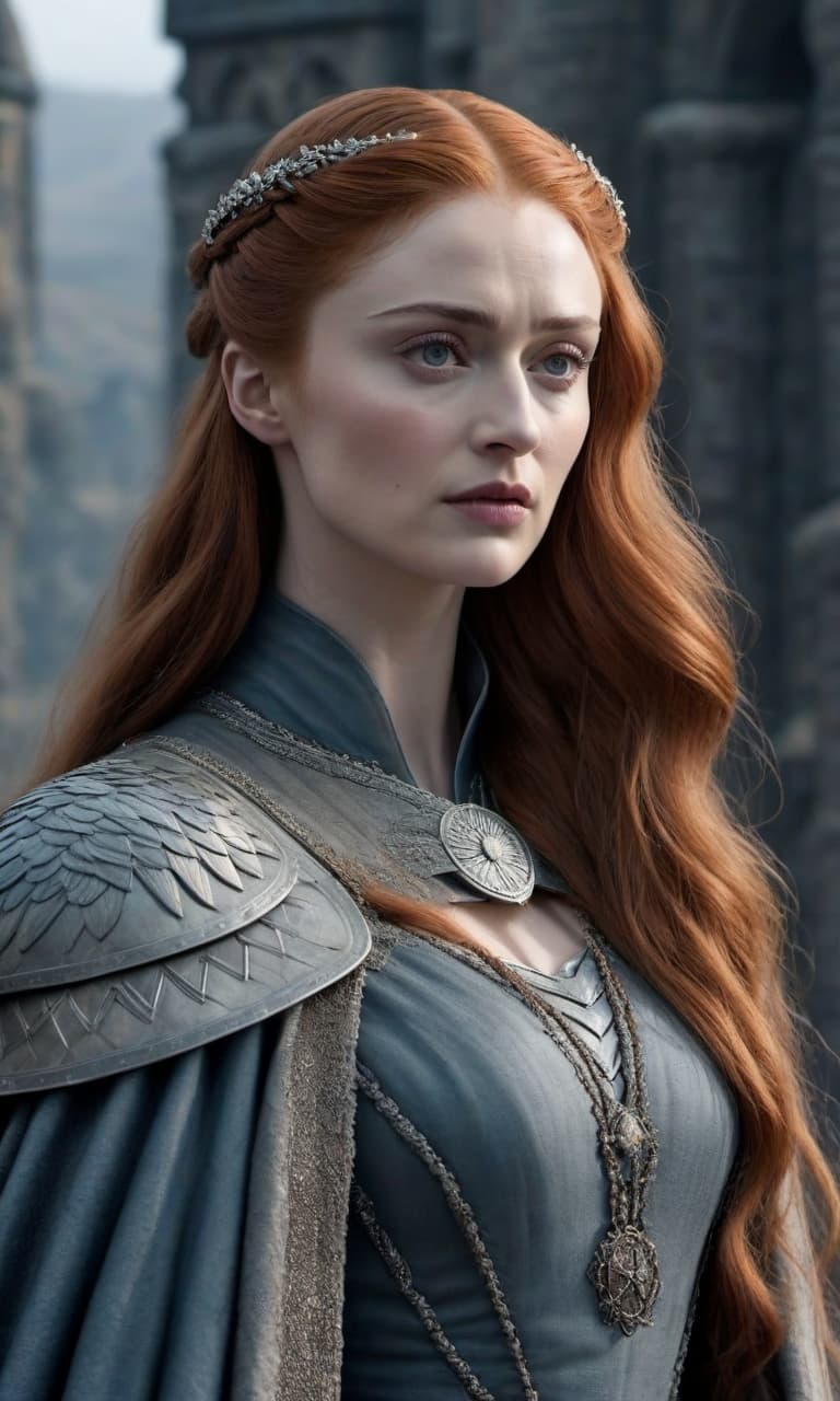  Game of Thrones: Sansa Stark full size [or: Game of Thrones: Sansa Stark Towers Over] hyperrealistic, full body, detailed clothing, highly detailed, cinematic lighting, stunningly beautiful, intricate, sharp focus, f/1. 8, 85mm, (centered image composition), (professionally color graded), ((bright soft diffused light)), volumetric fog, trending on instagram, trending on tumblr, HDR 4K, 8K