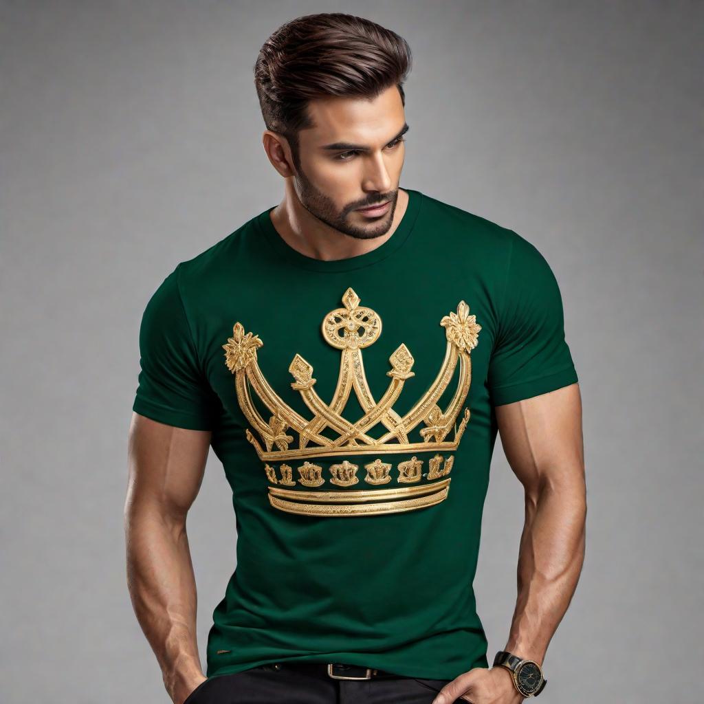  A T-shirt logo design that represents 'money and power'. The design should include elements such as dollar signs, money stacks, and a crown to symbolize wealth and authority. Use bold, striking colors like gold, green, and black to emphasize the theme. The layout should be eye-catching and modern, suitable for apparel. hyperrealistic, full body, detailed clothing, highly detailed, cinematic lighting, stunningly beautiful, intricate, sharp focus, f/1. 8, 85mm, (centered image composition), (professionally color graded), ((bright soft diffused light)), volumetric fog, trending on instagram, trending on tumblr, HDR 4K, 8K