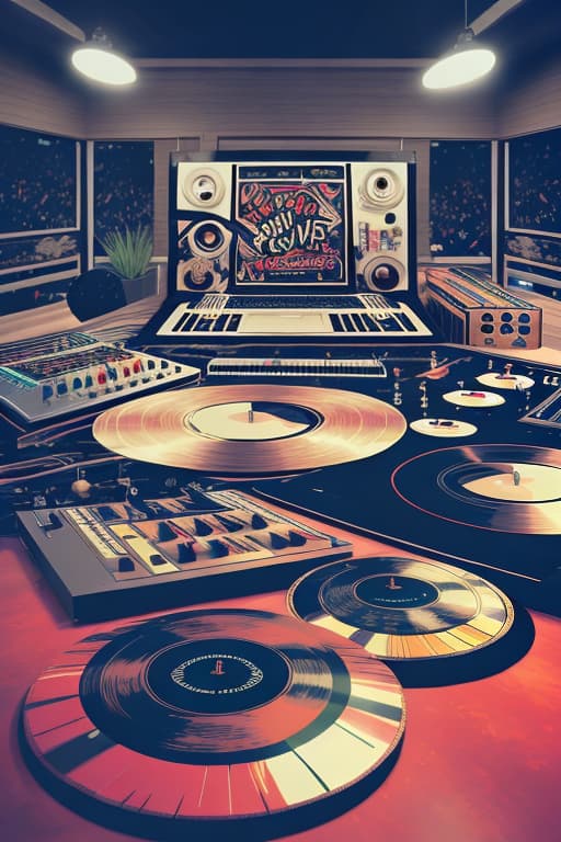  Mixer, decks, vinyls, 2d image