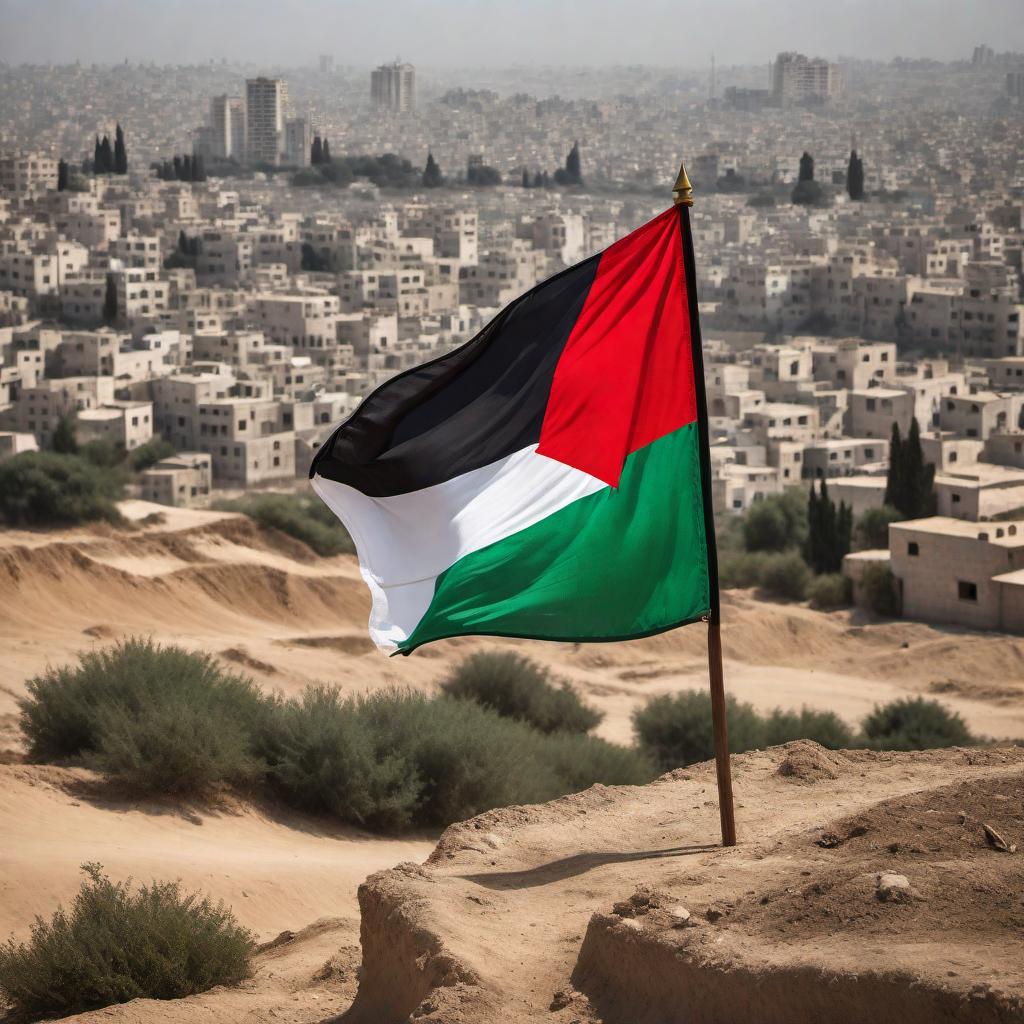  An illustration depicting the Palestinian flag made out of Keffiyeh material planted firmly on the Gaza Strip. The background should clearly showcase the map or landscape of Gaza, emphasizing its geographic and cultural significance. The flag should symbolize resistance, heritage, and unity for the people of Gaza. Make the flag out of the traditional black-and-white Keffiyeh fabric, with clearly recognizable elements. The composition should evoke strong emotions of solidarity and support for Gaza. hyperrealistic, full body, detailed clothing, highly detailed, cinematic lighting, stunningly beautiful, intricate, sharp focus, f/1. 8, 85mm, (centered image composition), (professionally color graded), ((bright soft diffused light)), volumetric fog, trending on instagram, trending on tumblr, HDR 4K, 8K