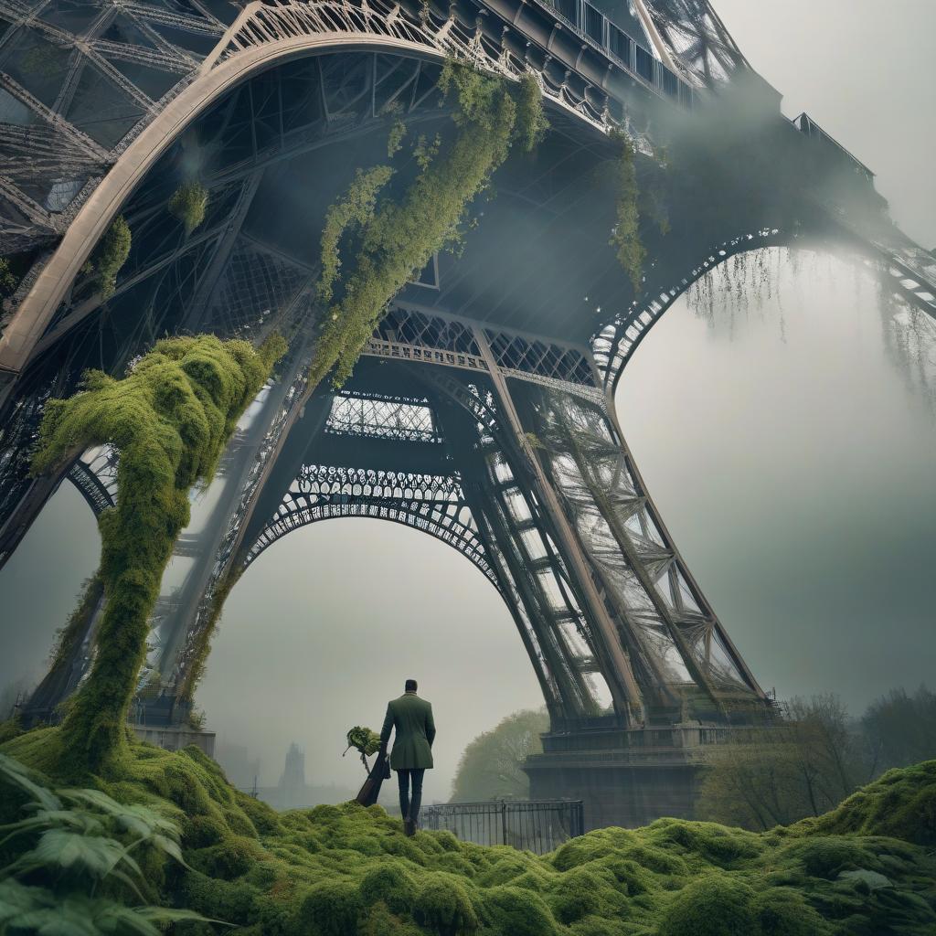  The Eiffel Tower is half ruined, covered in moss and vines, and a deserted Paris surrounds it. hyperrealistic, full body, detailed clothing, highly detailed, cinematic lighting, stunningly beautiful, intricate, sharp focus, f/1. 8, 85mm, (centered image composition), (professionally color graded), ((bright soft diffused light)), volumetric fog, trending on instagram, trending on tumblr, HDR 4K, 8K